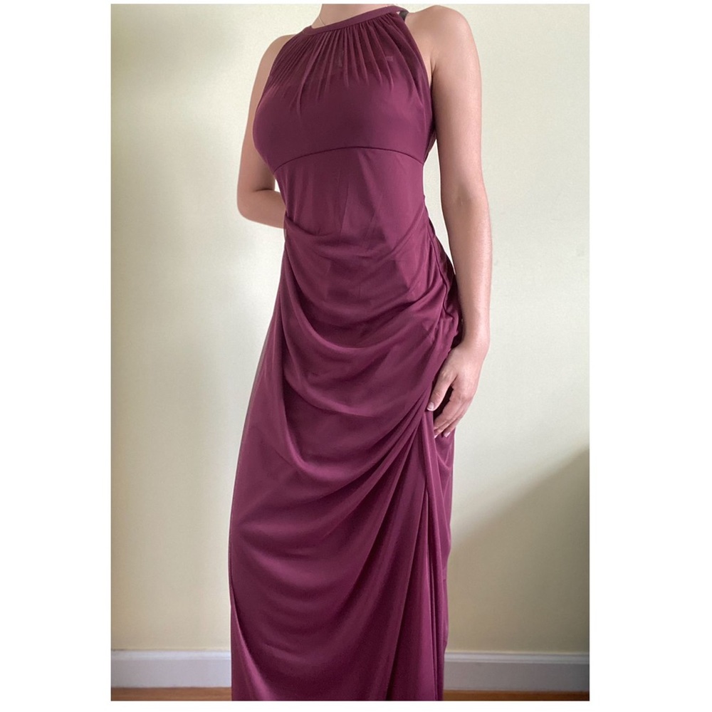 David’s Bridal bridesmaid dress. Halter style full length flattering design.